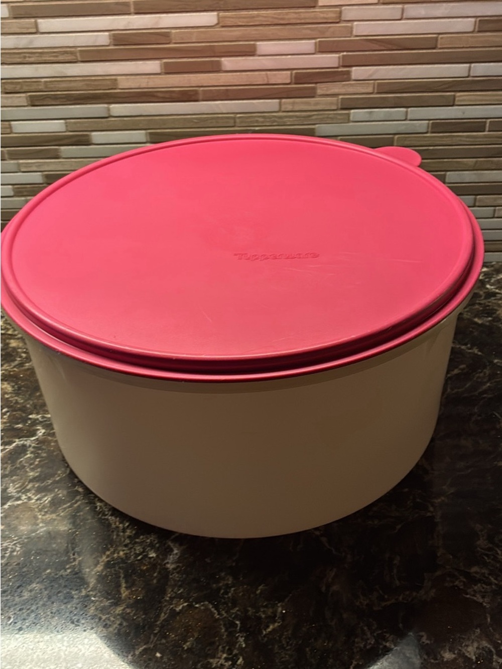 Tupperware Pink Lid White Base Round Food Storage Container